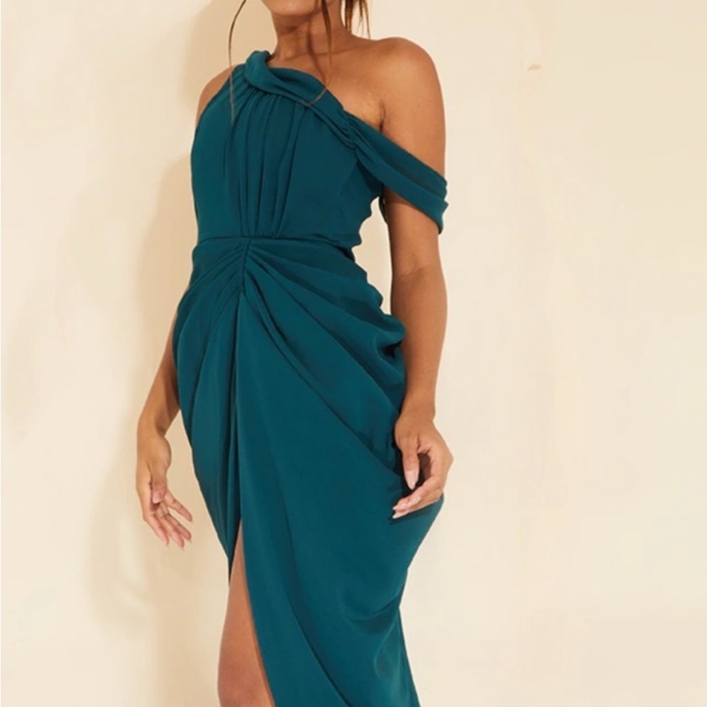 PrettyLittleThing Teal One-Shoulder Dress